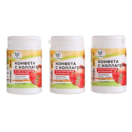 Chewing collagen with natural strawberries Vitamuno, 3 packages of 100 tablets