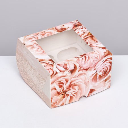 Box for 4 cupcakes with a window, "peonies", 16 x 16 x 10 cm-1