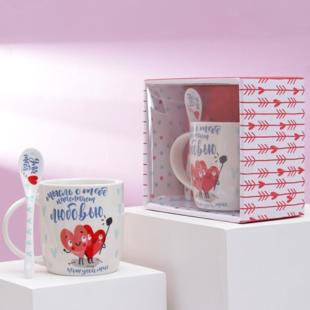 Ceramic mug with a spoon "I love you", 350 ml, white color-4
