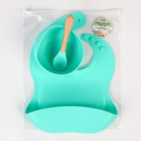 Set for feeding: bib, plate on a suction cup, spoon, crumb I, turquoise-4
