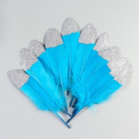 A set of goose feathers 15-20 cm, 10 pcs, blue with silver chips-1