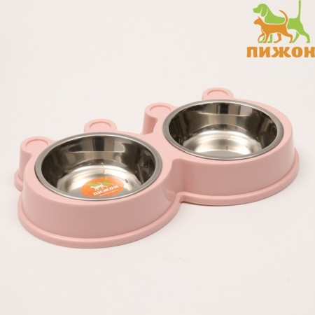 Metal dual bowl on a plastic basis 2 x 400 ml, 28 x 15.5 x 4 cm, pink-1