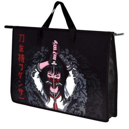 Folder for drawings and drawings A3, 450 x 330 x 90 mm, handles, plastic, zipper on top, Phoenix dance with katana
