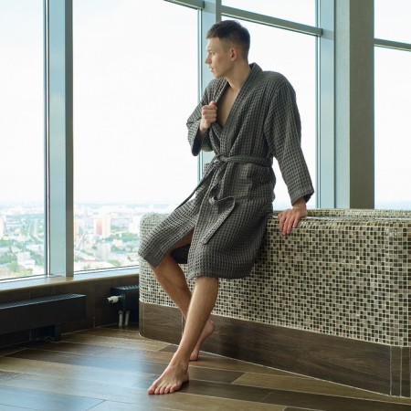 Wafel dressing gown men's elongated Ethel "BOHO" size 50-52, color light gray, 100% cotton, 290 g/m2-7