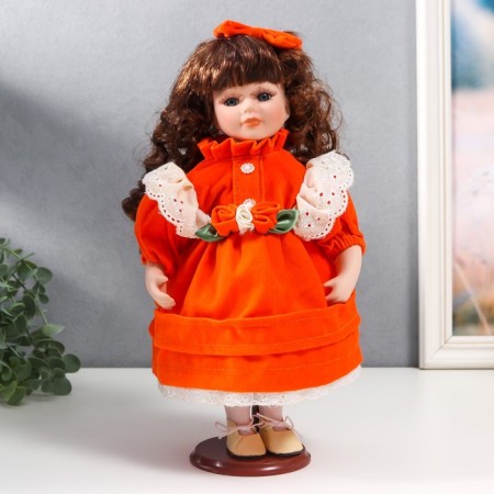Doll Collectible Ceramics "Agatha in a bright orange dress and banta, with ruffles" 30 cm