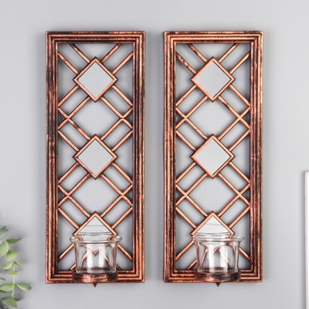 Climber Plastic, glass for 1 candle "Mirror rhombuses" Nr 2 pcs D-4 cm gold 8x12x30.5 cm 90688-1
