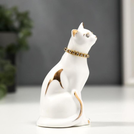 Souvenir ceramics "White cat with a necklace" with gold, rhinestones 9.5 cm-1