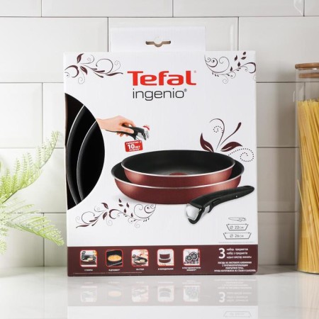TEFAL Ingenio Red 5, 3 objects set: pans 22 cm, 26 cm, removable handle, burgundy color-8