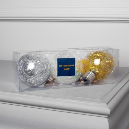 Set of Christmas tree balls "Tinsel color Warm Warm" 3 pcs., Battery, 5 LED, glow white glow-2