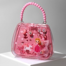 The kit of children's “chosen” 7 items: 2 elastic bands, 2 hairpins, bracelet, clips, ring, bear, pink color