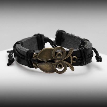 Bracelet Leather "Style" owl, black color with black silver, d = 6 cm-3