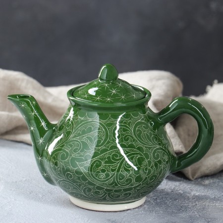 Tea set, Rishtan painting, 9 objects, green: kettle 0.8 l, Piala 0.3 l-2