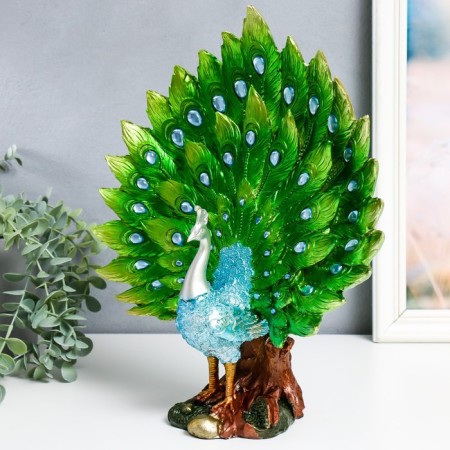 Polystone souvenir "Blue peacock with green, blossoming tail in the meadow" 13x30x35 cm-3