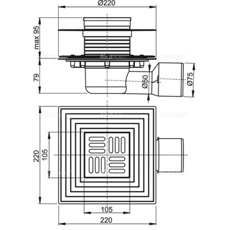 Alcaplast APV3344, 105 × 105/50/75 mm, lateral drain, dry water and wet and wet-1