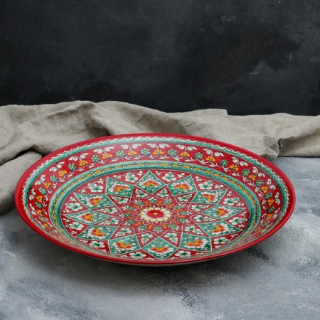 Lryagan Round Rishtan ceramics, 41cm, red, green-yellow pattern