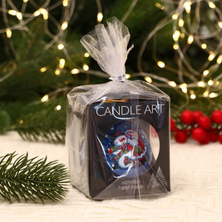 Christmas ball D-6 cm "Snowman at the Christmas tree" manual painting, blue-1