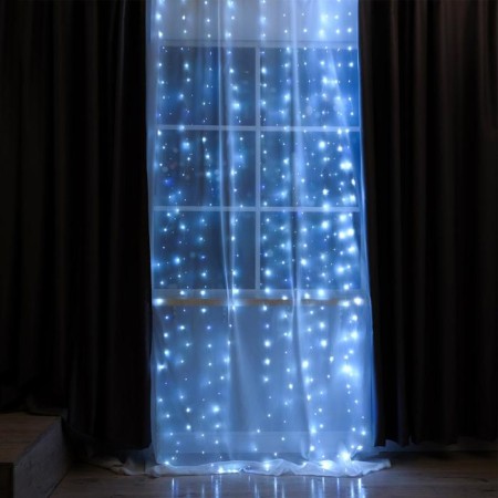 Garland "Curtain" 2.8 × 3 m dew on hooks, IP20, silver thread, 300 LED, white glow, flicker, USB