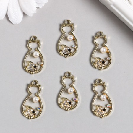 Decor for creativity metal, rhinestones "cat with a fish" gold 1.5x2.5 cm-1