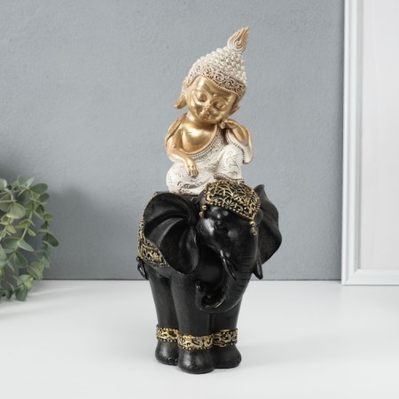 Polystone souvenir "Little Buddha on the Black Elephant" 14x14x30 cm-1