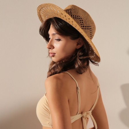 Women's hat with Minaku decor brown color, rr 56-58-1