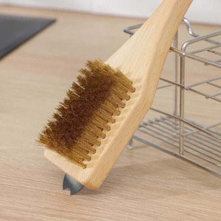 Grill brush, 28 × 6 × 1.6 cm, beech, brass pile, 77 bundles, stainless steel scraper-1