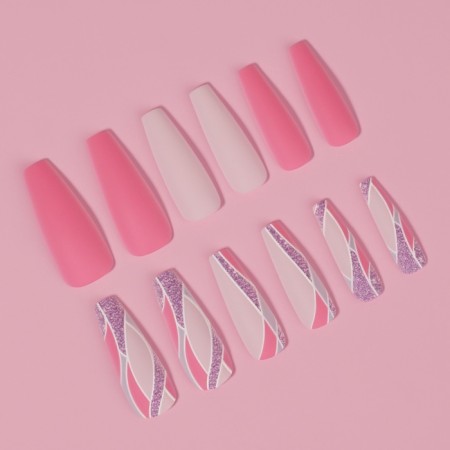 Follow nails "Pink mood", 12 pcs, with adhesive plates, ballerina shape, multi -colored-2