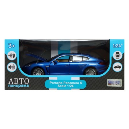 Metal machine Porsche Panamera S, 1: 24, doors, hood and trunk, light and sound effects, blue color open-7