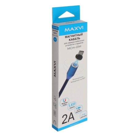 MaxVI MCM -01M cable, microUSB - USB, 2 A, 1 m, magnetic, nylon, backlight, blue-3