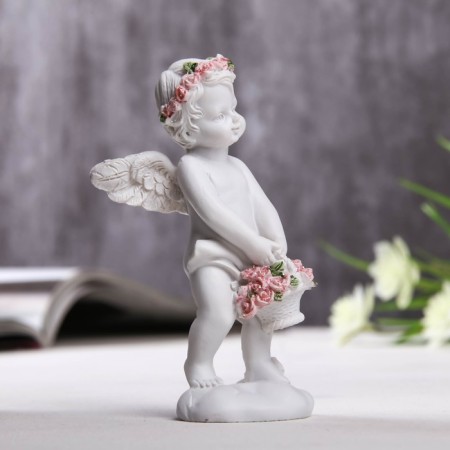 Figure Polystone "Angel with a basket of pink roses" 10x3.5x5 cm-1