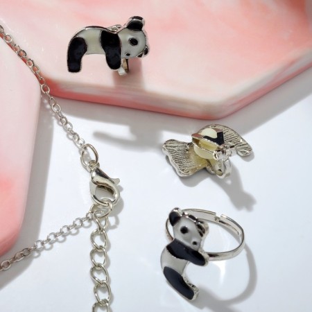 Set "chosen" 3 objects: clips, pendant, ring, panda, black and white color in silver-1