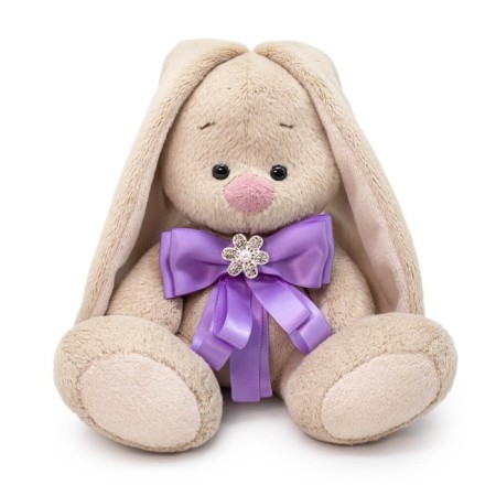 Soft toy "Bunny Mi", with a bow of lavender color and a brooch, 15 cm