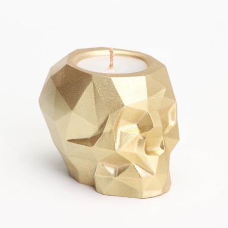 Candle "Skull" in a candlestick of gypsum with faces, 6x9x6.5cm, gold-1