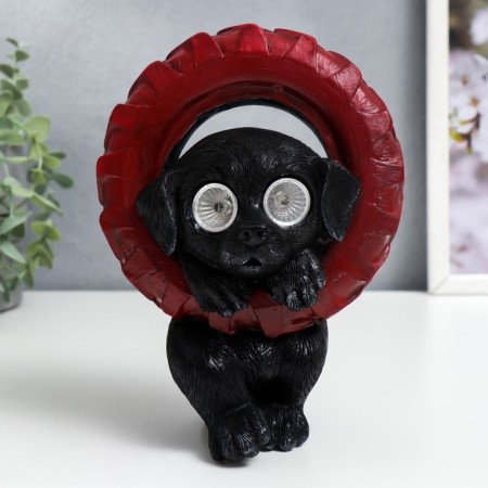 Souvenir Polystone Light "Black dog hid in the wheel" from the sun. Battery 19.5x11x13.5 cm