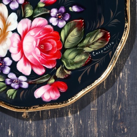 Zhostovsky tray "peonies", black, with copyright painting, d = 17 cm-1