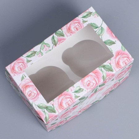 Capcake box, confectionery packaging with a window, 2 cells, "roses", 16 x 10 x 10 cm-1