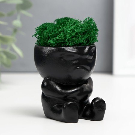 Concrete Kashpo "Mr. Evil" with moss 7*6cm black (moss green stabilized)-2
