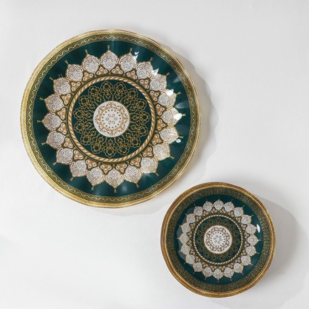Diningral “Mehendi”, 7 objects: D = 30 cm - 1 pc, D = 18 cm - 6 pcs, green color with yellow-1