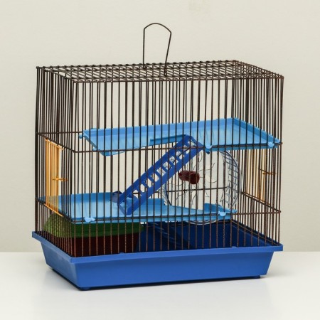 A cage for rodents with plastic shelves and filling, 36 x 23 x 34 cm, blue