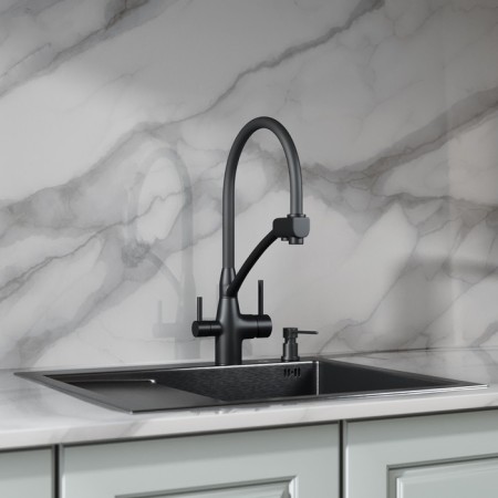 Kitchen sink "RMS" MRK-5851BL-R, mortise, right, thickness 3.0 and 1 mm, dispenser, graphite-2
