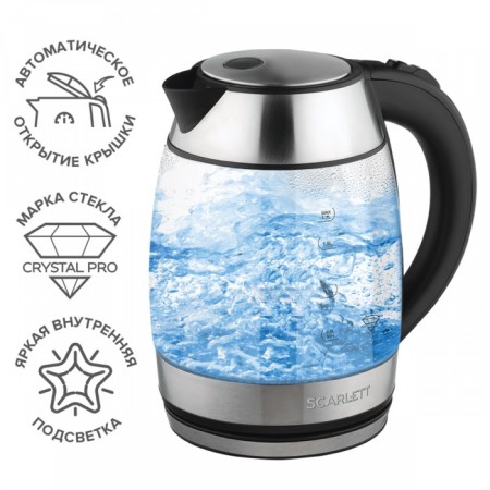 Electric kettle Scarlett SC-EK27G94, glass, 1.7 l, 2200 watts, silver-black