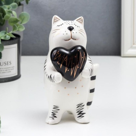 Souvenir Ceramics "Cat with a heart" white-black with gold 15x8.2x7.8 cm