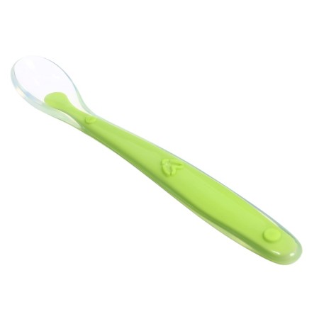 A spoon for a nursery, for the first feeding, in a container, green-2