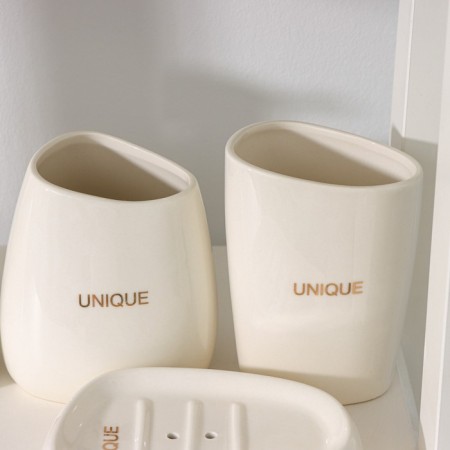 Savanna Stone bathroom accessories set, 4 items (soap dish, soap dispenser, 2 glasses), white color-2