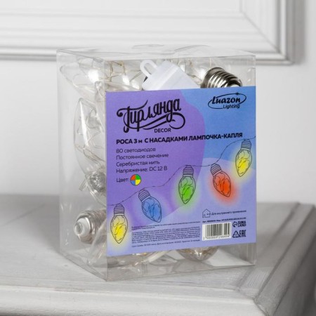Garland “thread” 3 m with nozzles “drop bulbs”, IP20, transparent thread, 80 LED, glow of multi, 8 modes, 220 V-4