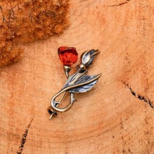 Amber Brooch Rose with a bud, cognac color in bronze