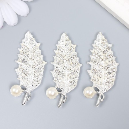 Decor for creativity Metal, plastic "Leaf with pearls and rhinestones" silver 5.5x2.2 cm-2