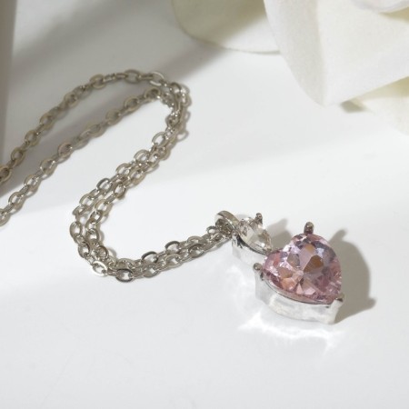 Pendant "heart" with a rhinestone, white-pink color in silver, 42 cm