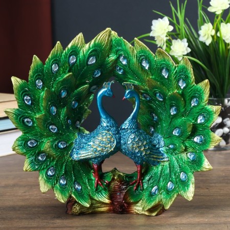 Polystone souvenir "Two green peacocks on a log with open tails" rhinestones 25x15x27 cm