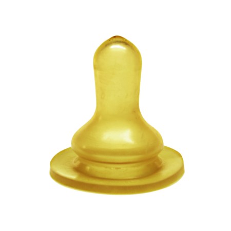 The nipple is latex round, fast stream, from 6 months.
