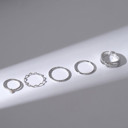 Ring set 5 pieces "perfect fingers" weaving, white color in silver-4